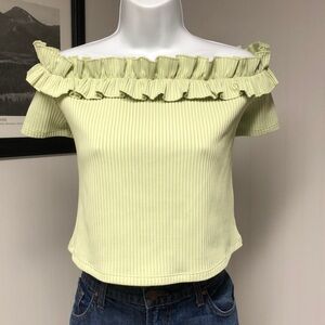 H&M Ribbed Off Shoulder Ruffle Cropped Top Light Green Short Sleeve Size L
